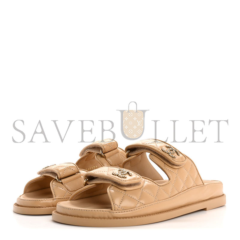 CHANEL LAMBSKIN QUILTED VELCRO DAD CHAIN CC SLIDE SANDALS BEIGE 